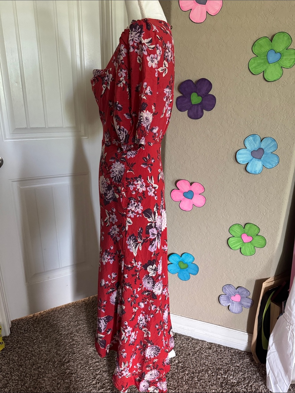 NWT Anthropologie Red Floral Puff-Sleeve Dress SZ SM pit2pit17”waist 16” L 56” - Picture 7 of 15